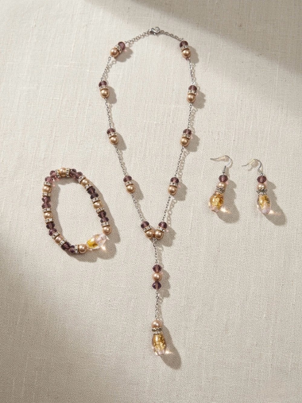 3pc Champagne Pearl & Brown Foil Glass Bead Lariat Jewelry Set